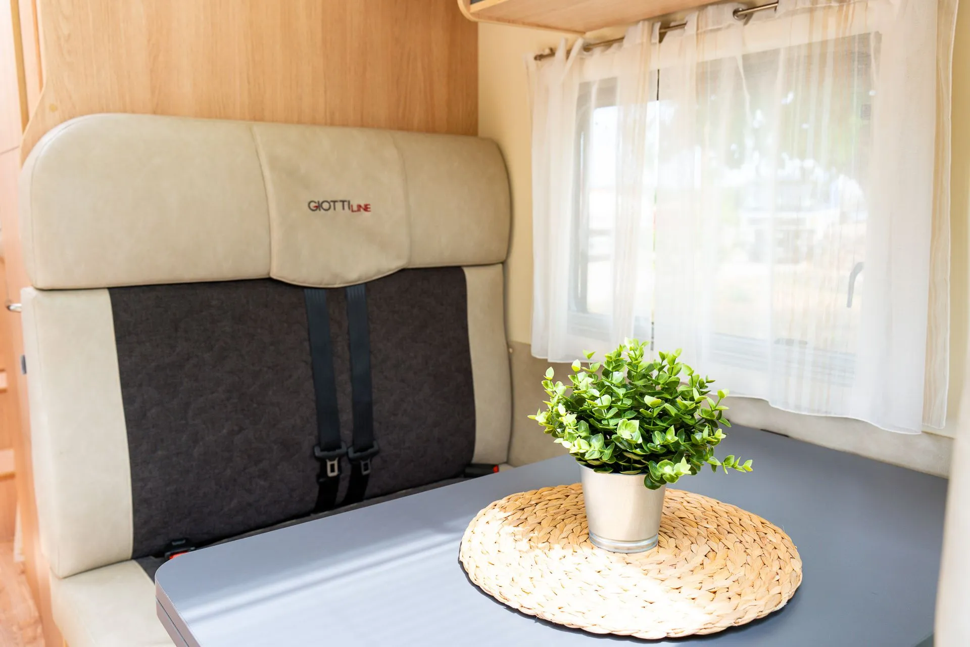 Asiento delantero abatido con mesa y decoración